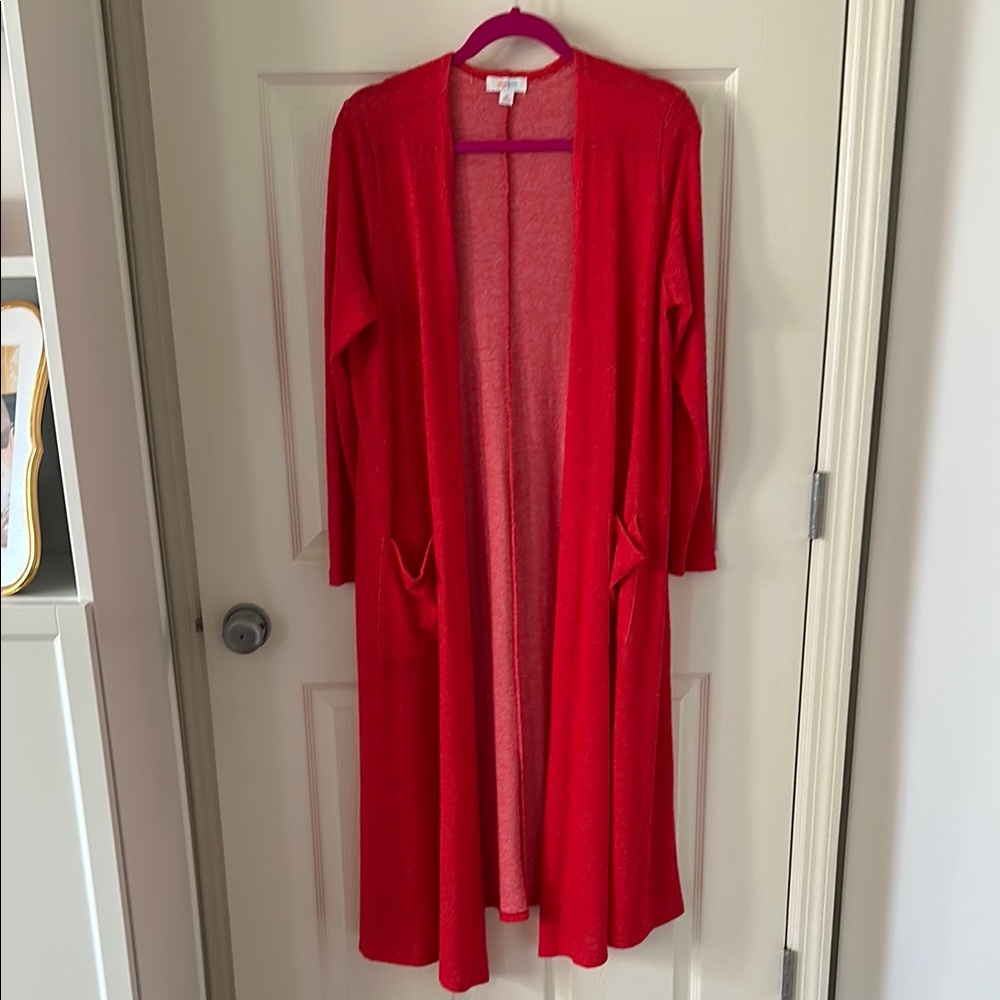 💚 Lularoe Red Open-Front Long Duster Cardigan Sweater with pockets Med